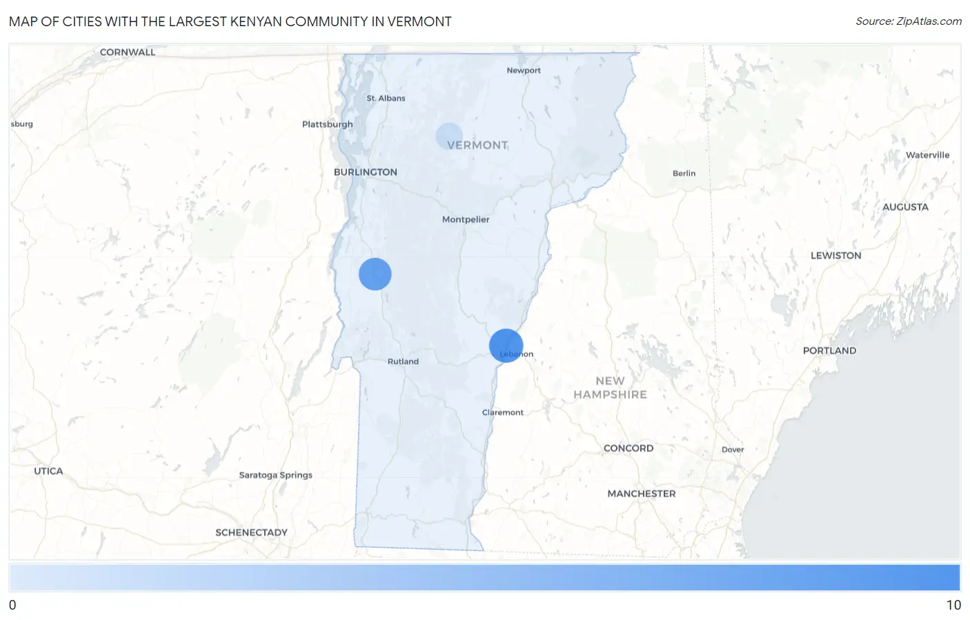 Cities with the Largest Kenyan Community in Vermont Map