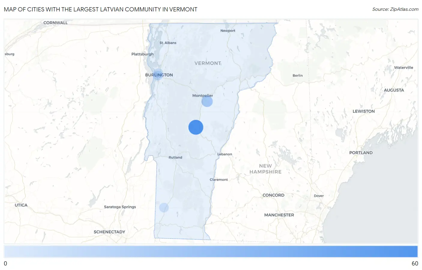 Cities with the Largest Latvian Community in Vermont Map