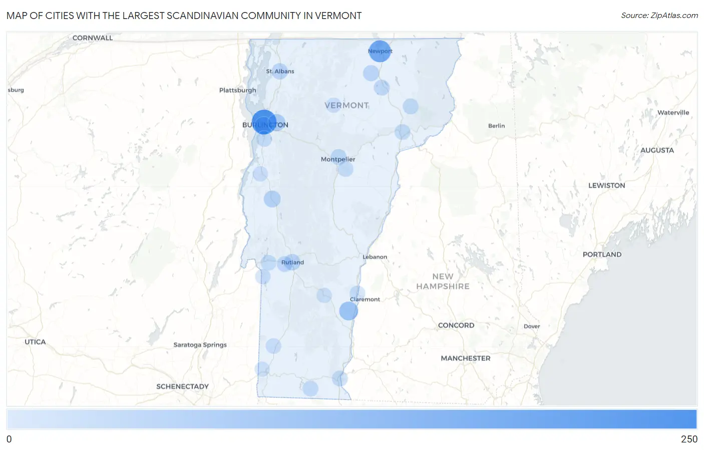 Cities with the Largest Scandinavian Community in Vermont Map