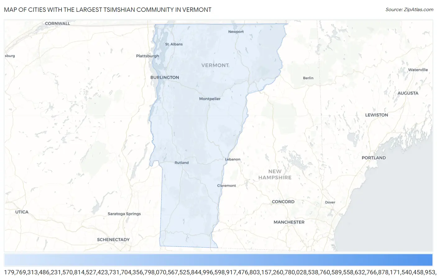 Cities with the Largest Tsimshian Community in Vermont Map