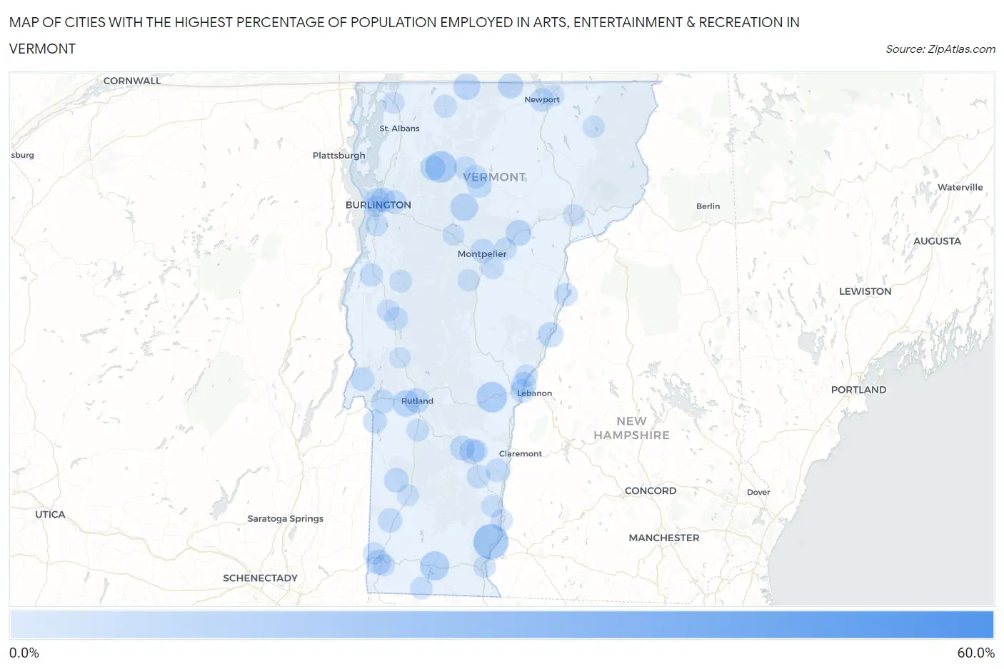 Cities with the Highest Percentage of Population Employed in Arts, Entertainment & Recreation in Vermont Map