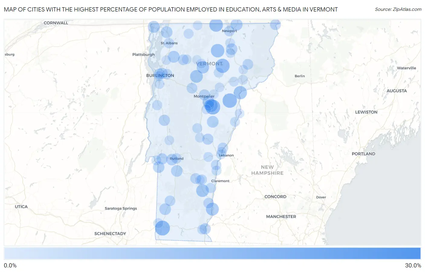 Cities with the Highest Percentage of Population Employed in Education, Arts & Media in Vermont Map