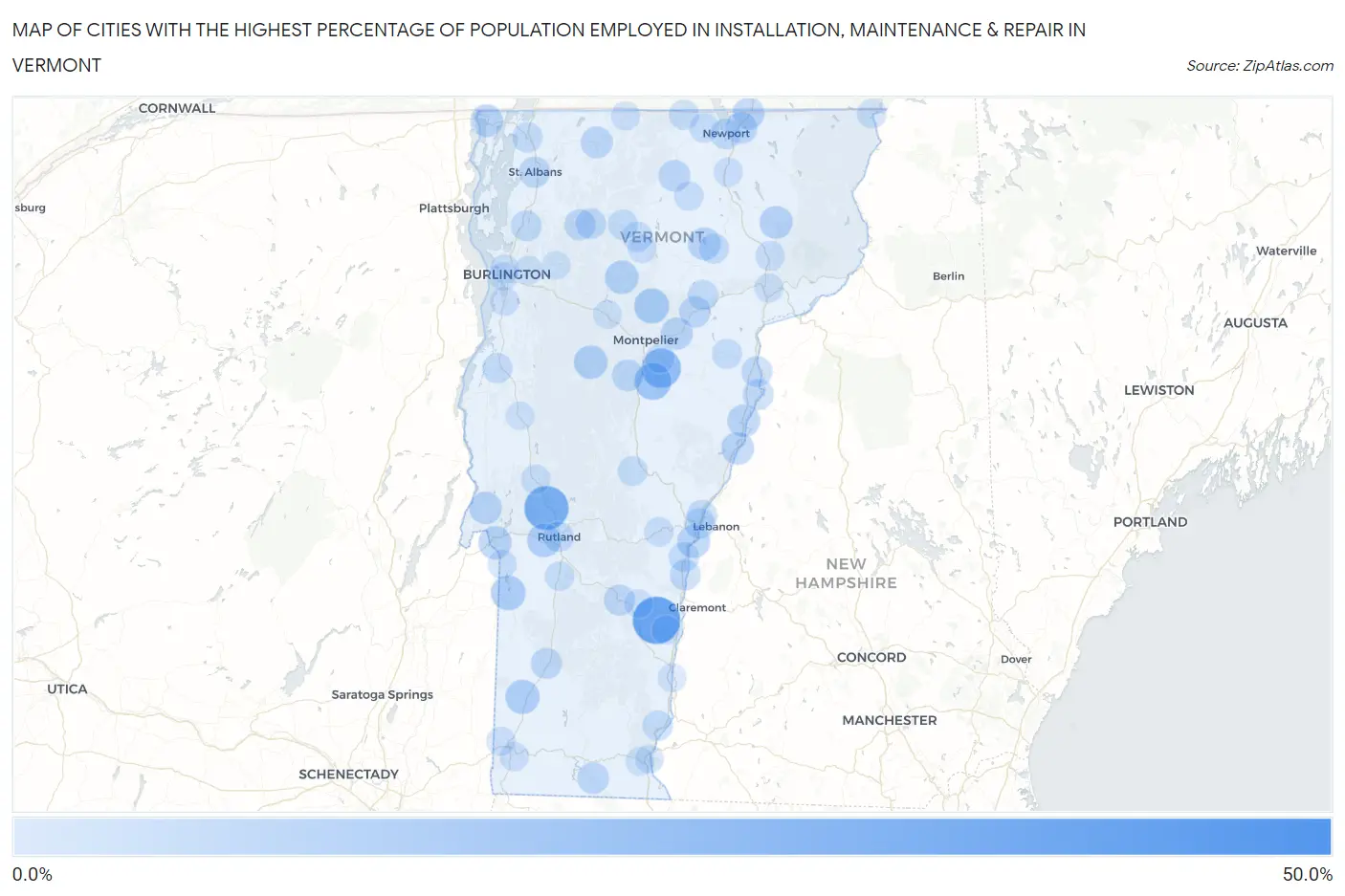 Cities with the Highest Percentage of Population Employed in Installation, Maintenance & Repair in Vermont Map