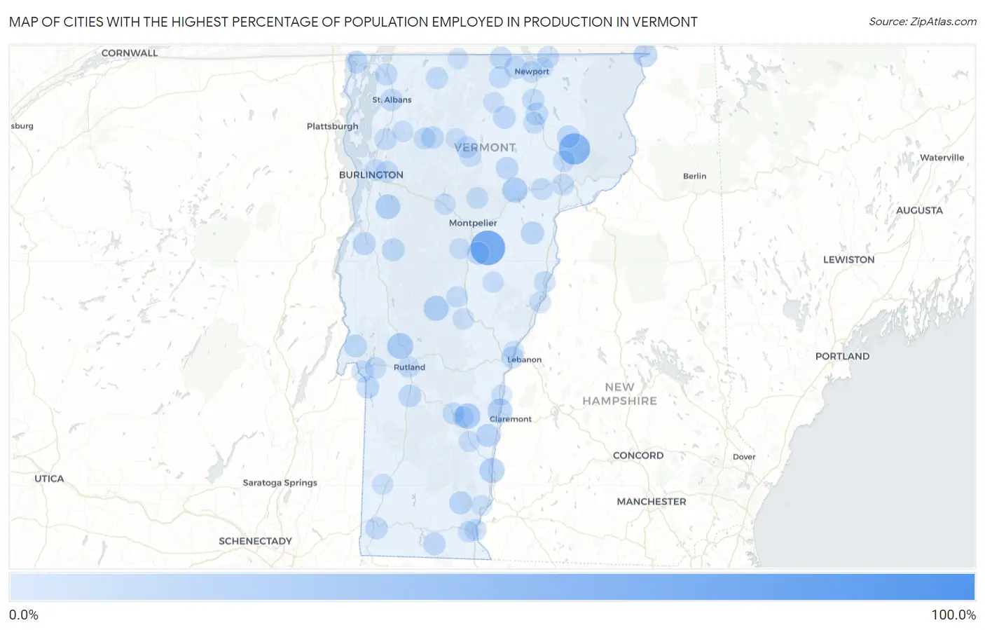 Cities with the Highest Percentage of Population Employed in Production in Vermont Map