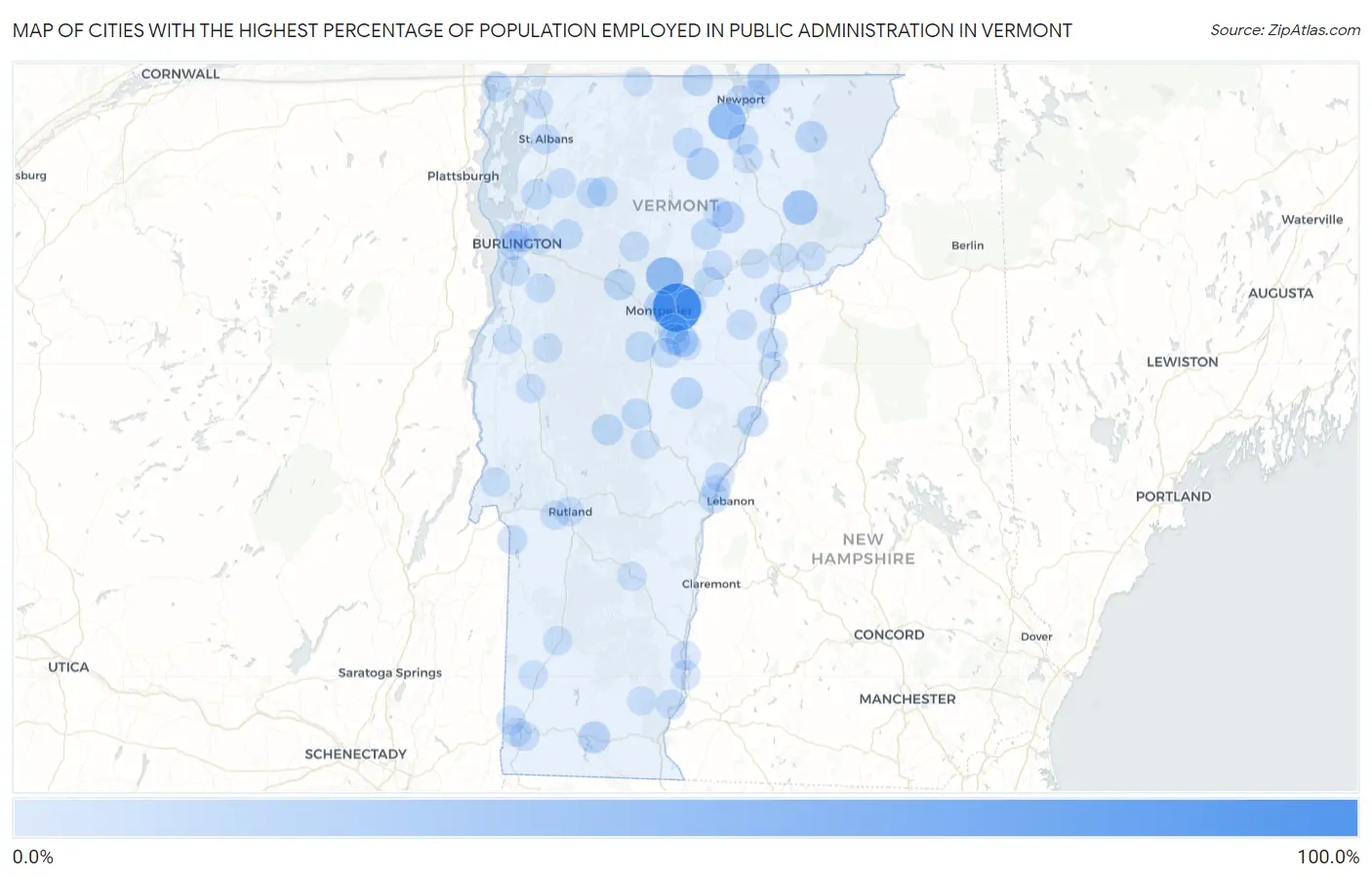 Cities with the Highest Percentage of Population Employed in Public Administration in Vermont Map
