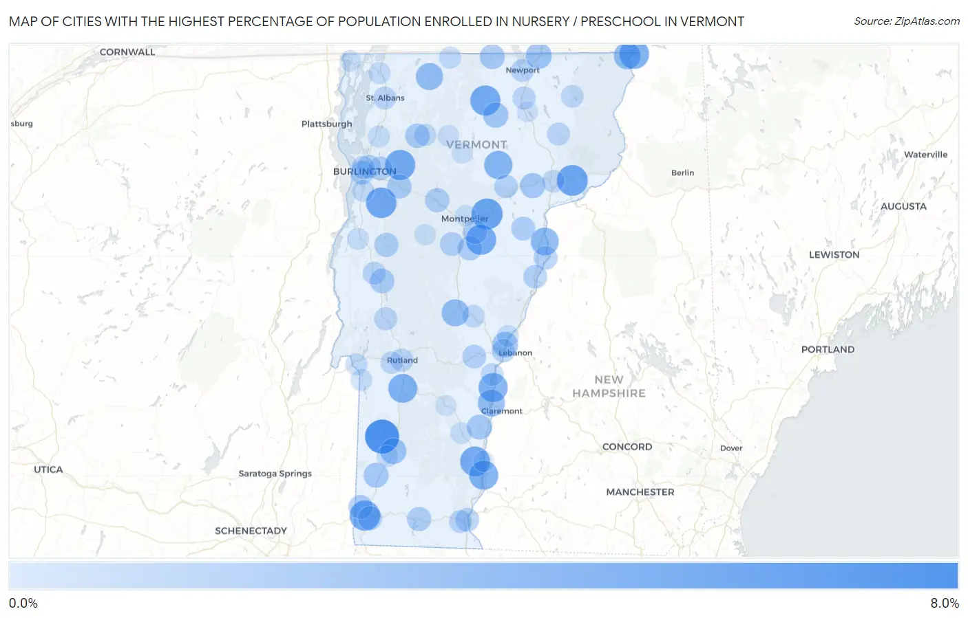 Cities with the Highest Percentage of Population Enrolled in Nursery / Preschool in Vermont Map