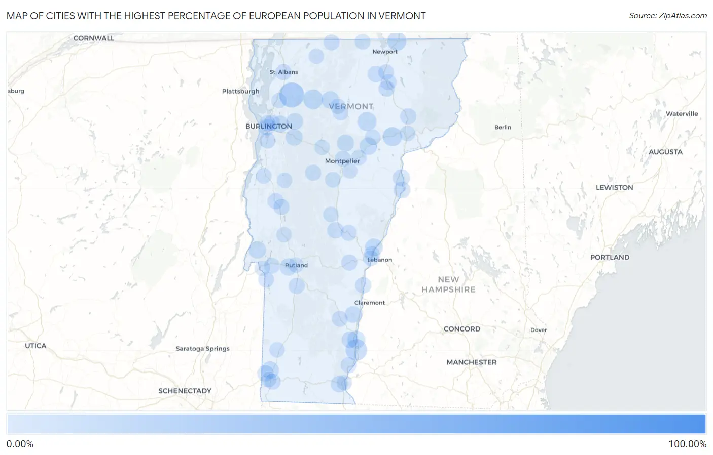 Cities with the Highest Percentage of European Population in Vermont Map