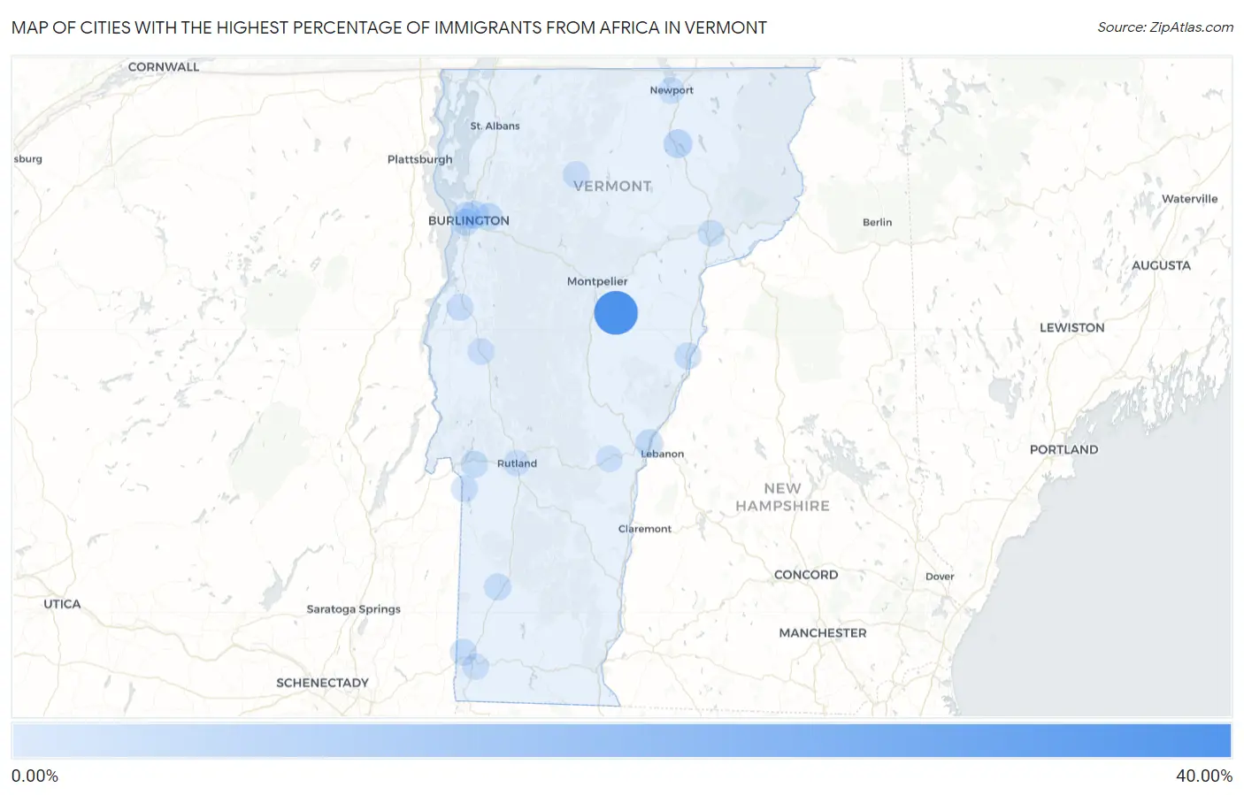 Cities with the Highest Percentage of Immigrants from Africa in Vermont Map