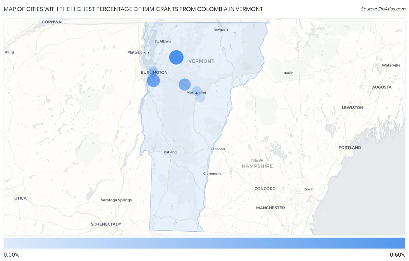 Cities with the Highest Percentage of Immigrants from Colombia in Vermont Map