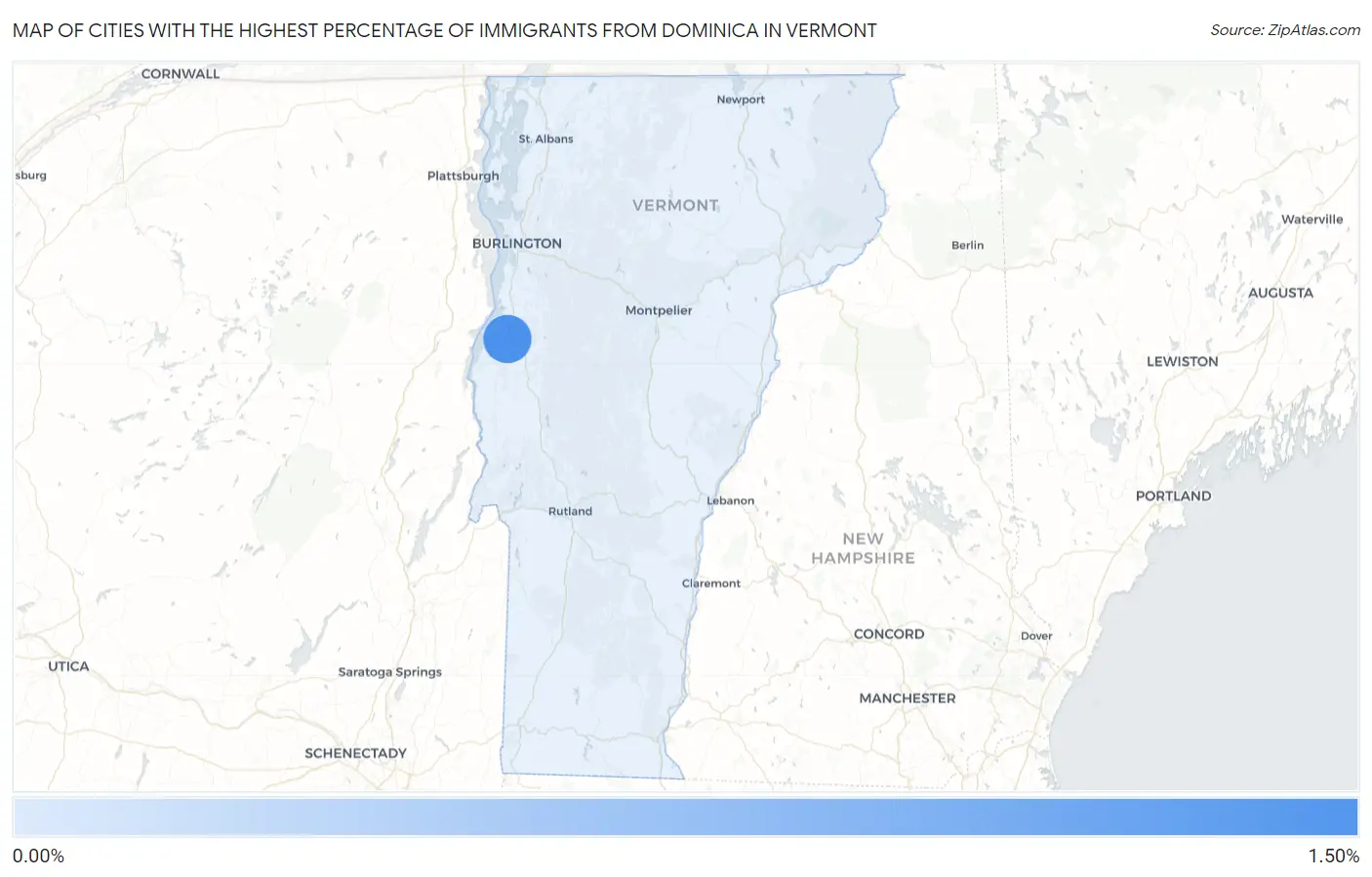 Cities with the Highest Percentage of Immigrants from Dominica in Vermont Map