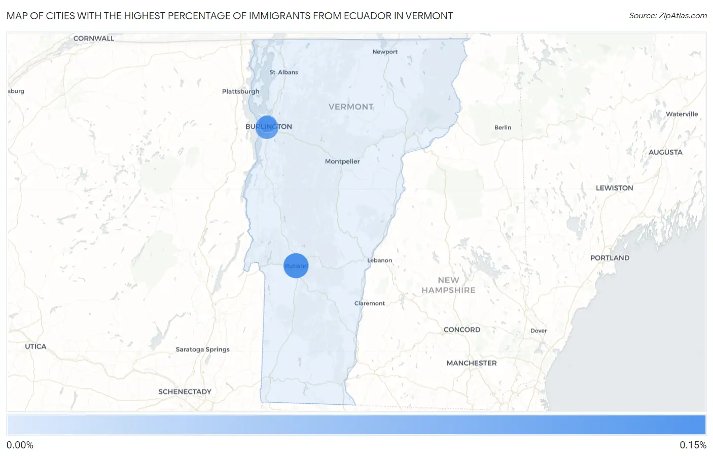 Cities with the Highest Percentage of Immigrants from Ecuador in Vermont Map