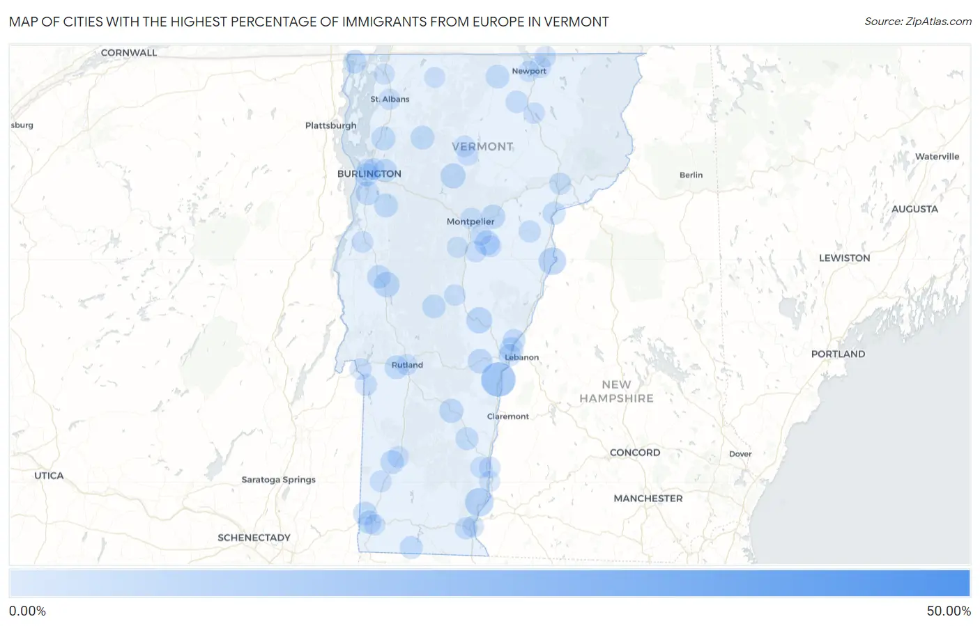 Cities with the Highest Percentage of Immigrants from Europe in Vermont Map