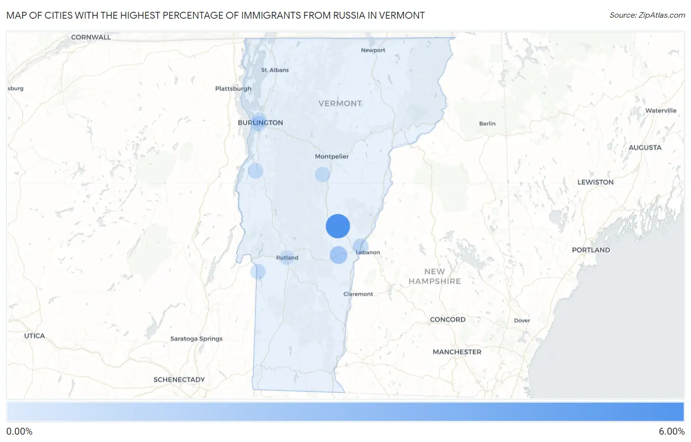 Cities with the Highest Percentage of Immigrants from Russia in Vermont Map
