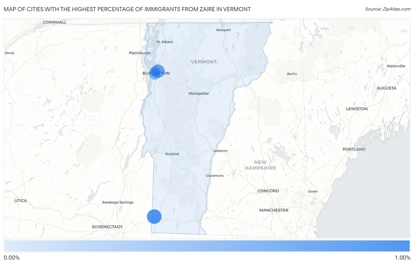 Cities with the Highest Percentage of Immigrants from Zaire in Vermont Map