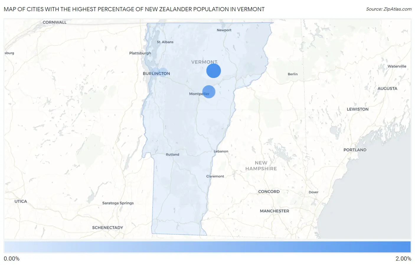 Cities with the Highest Percentage of New Zealander Population in Vermont Map