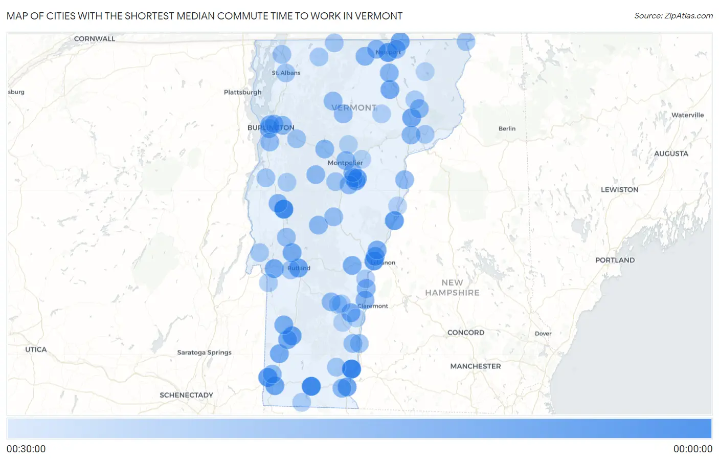 Cities with the Shortest Median Commute Time to Work in Vermont Map