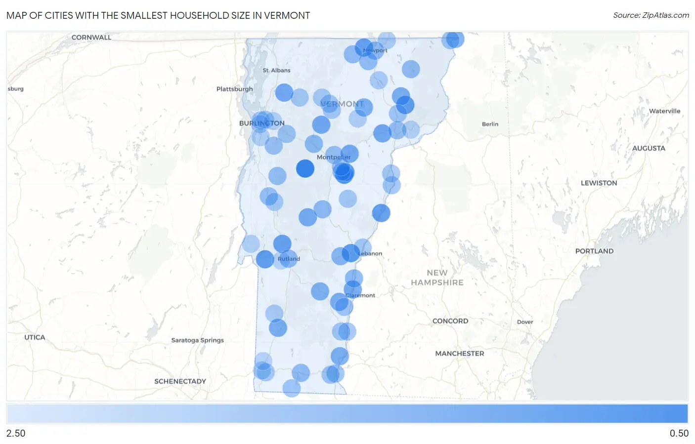 Cities with the Smallest Household Size in Vermont Map