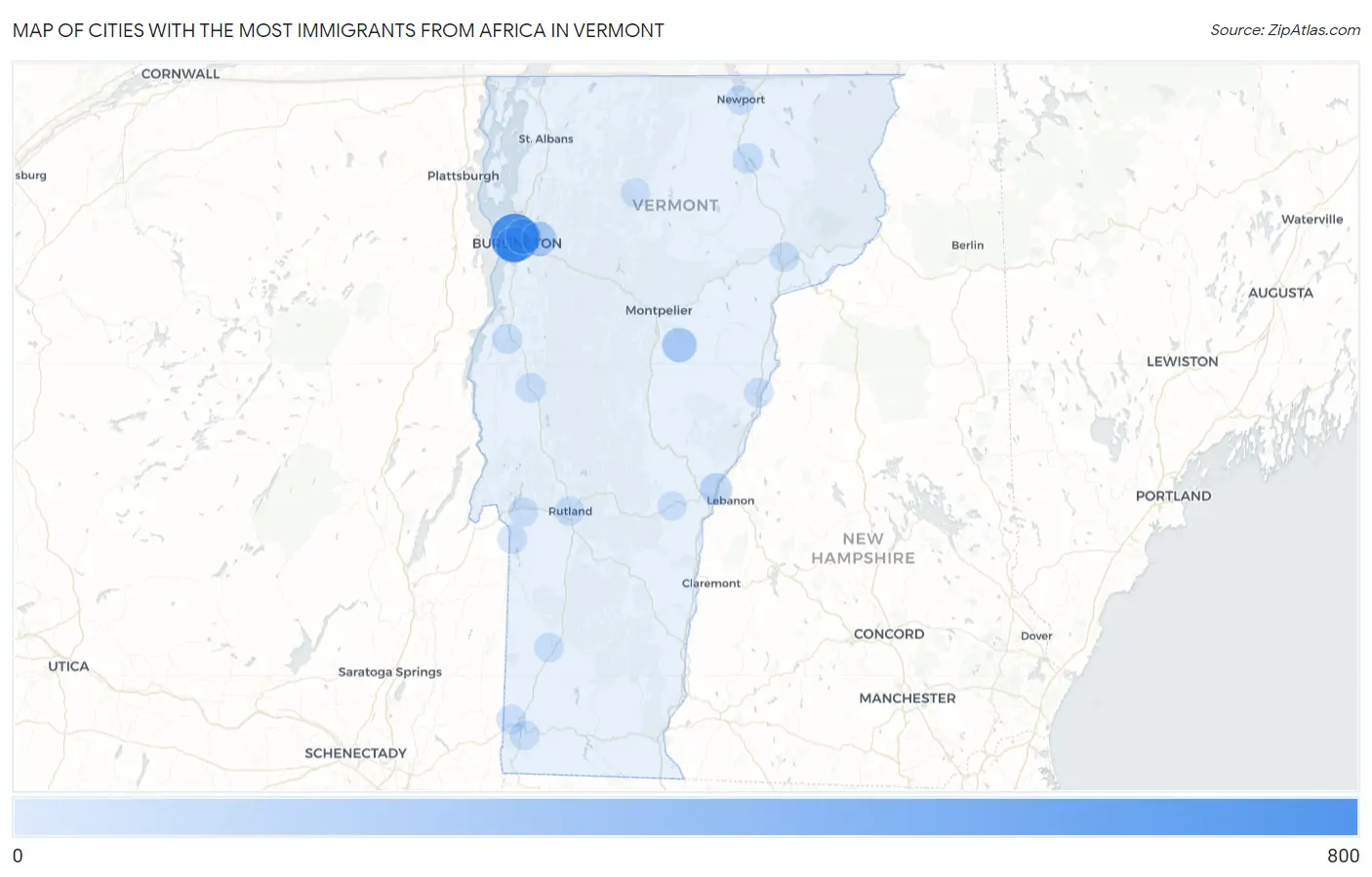 Cities with the Most Immigrants from Africa in Vermont Map