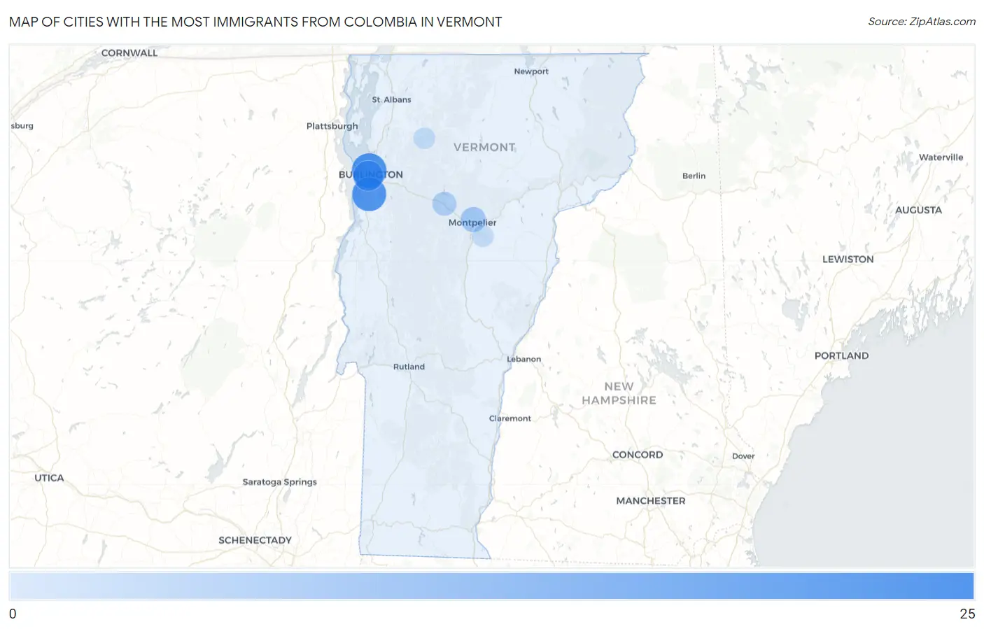 Cities with the Most Immigrants from Colombia in Vermont Map