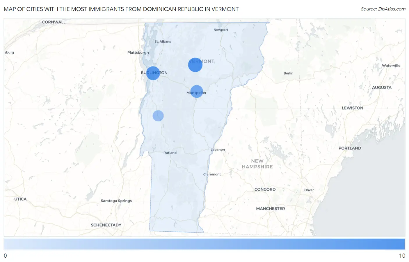 Cities with the Most Immigrants from Dominican Republic in Vermont Map