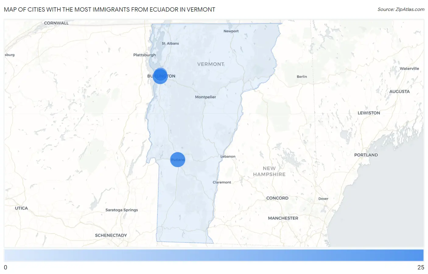 Cities with the Most Immigrants from Ecuador in Vermont Map