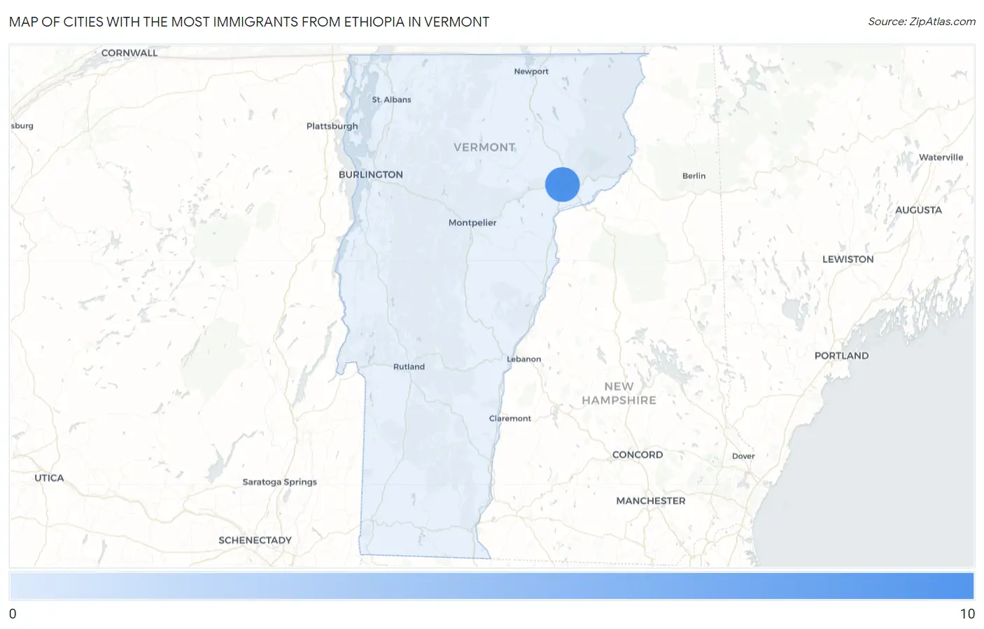 Cities with the Most Immigrants from Ethiopia in Vermont Map