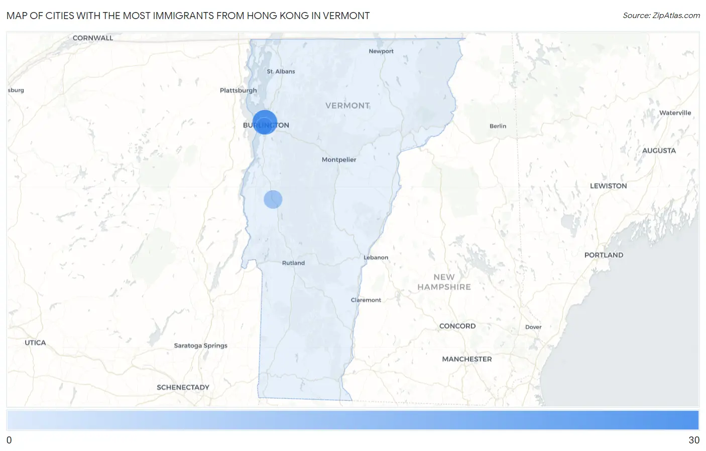 Cities with the Most Immigrants from Hong Kong in Vermont Map