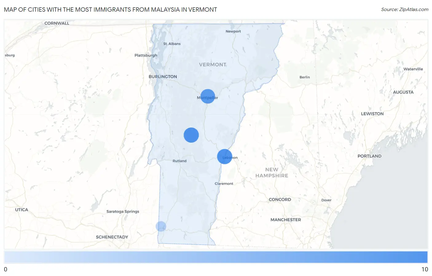 Cities with the Most Immigrants from Malaysia in Vermont Map