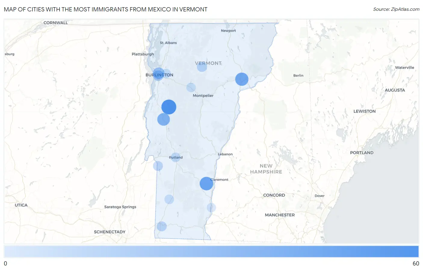 Cities with the Most Immigrants from Mexico in Vermont Map