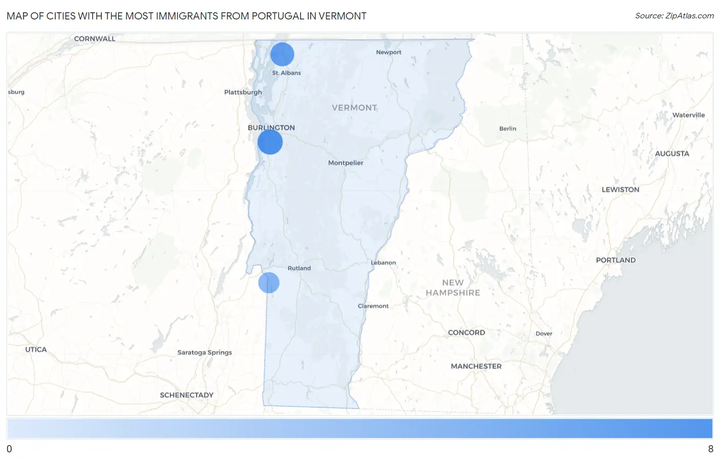 Cities with the Most Immigrants from Portugal in Vermont Map