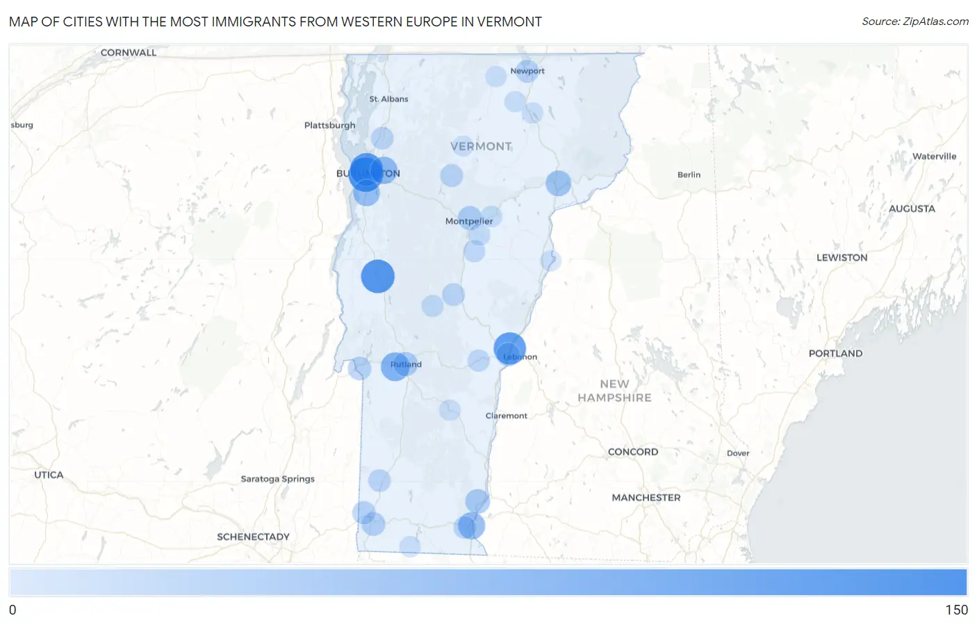 Cities with the Most Immigrants from Western Europe in Vermont Map