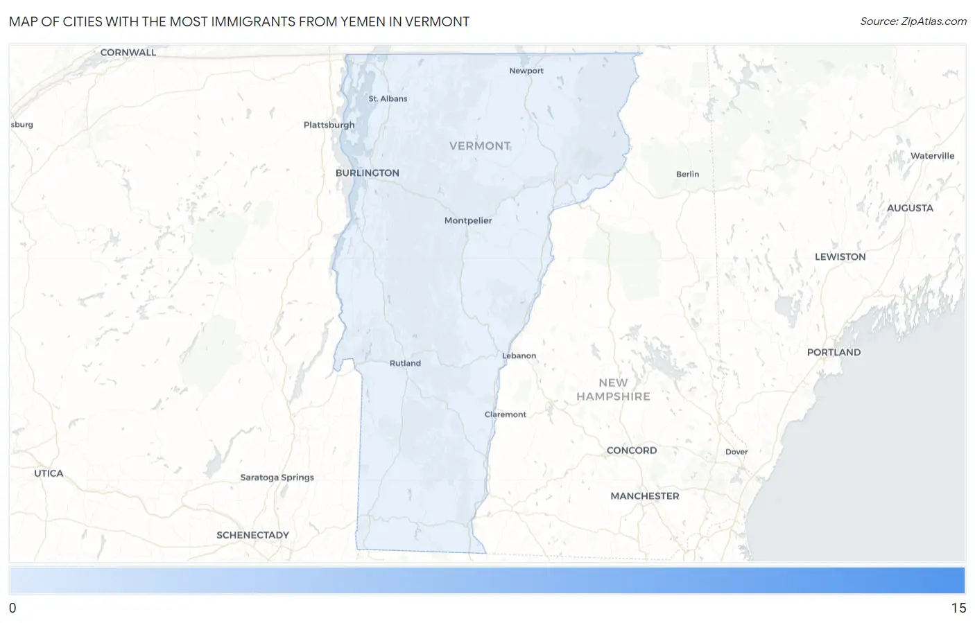 Cities with the Most Immigrants from Yemen in Vermont Map