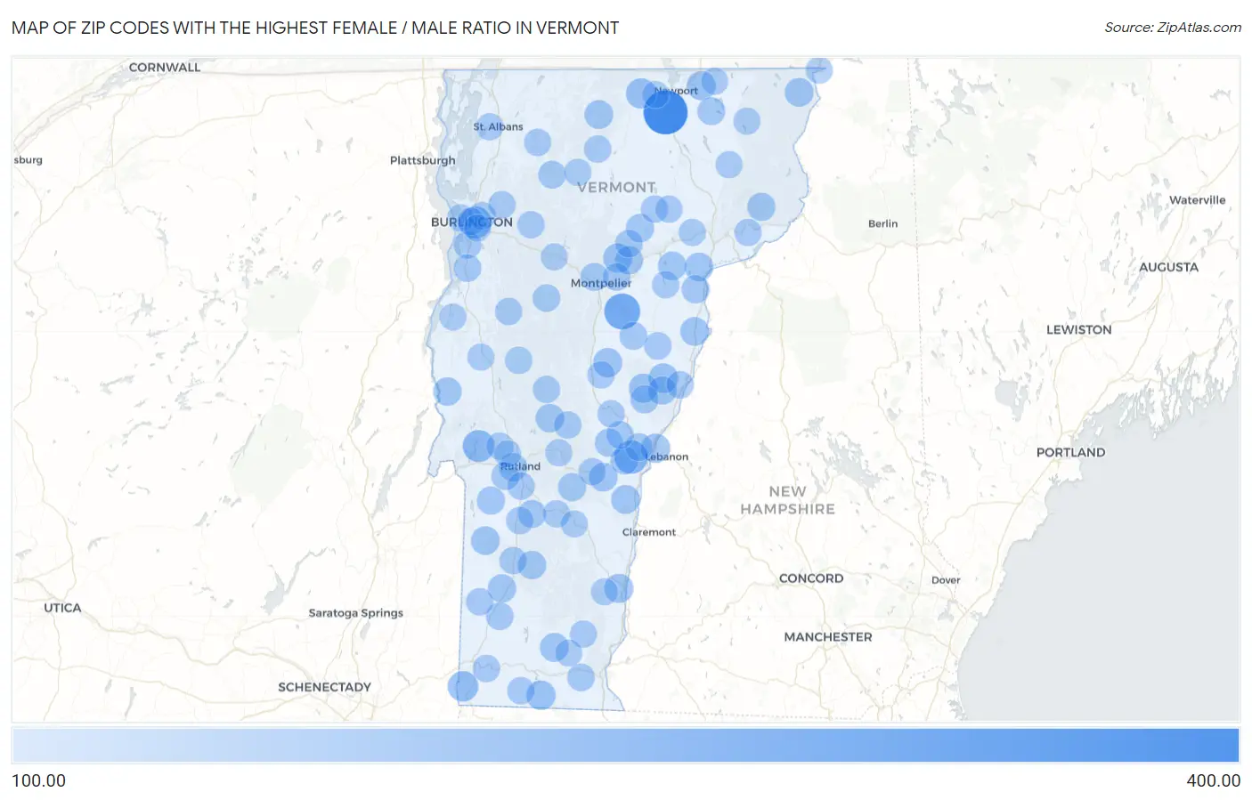 Zip Codes with the Highest Female / Male Ratio in Vermont Map