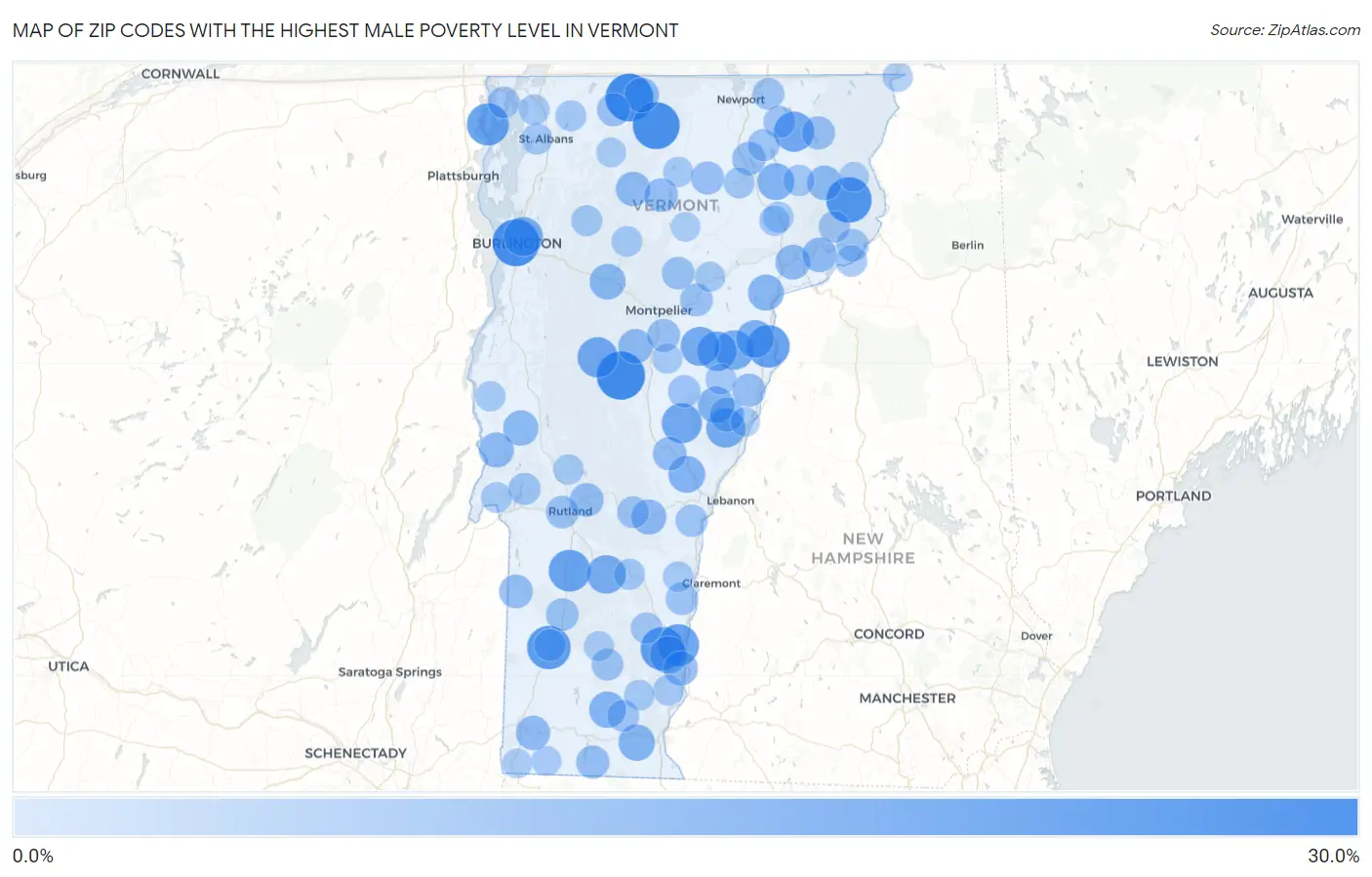 Zip Codes with the Highest Male Poverty Level in Vermont Map