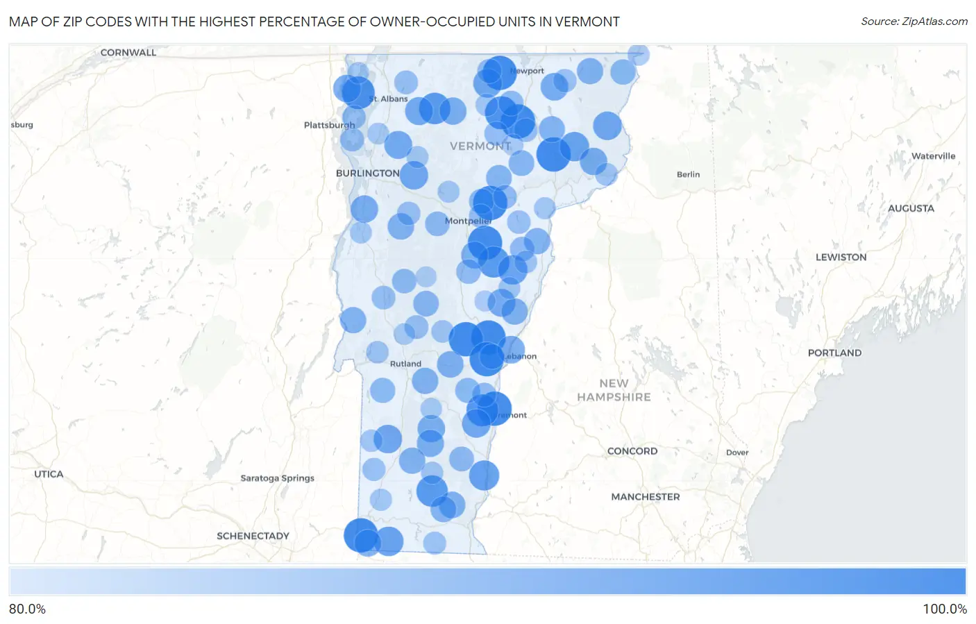 Zip Codes with the Highest Percentage of Owner-Occupied Units in Vermont Map