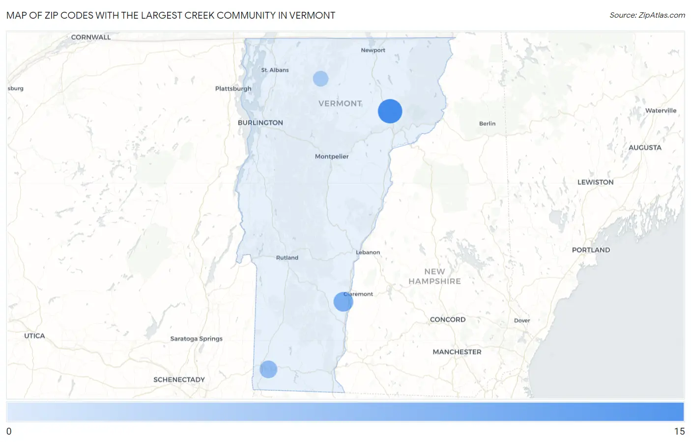 Zip Codes with the Largest Creek Community in Vermont Map