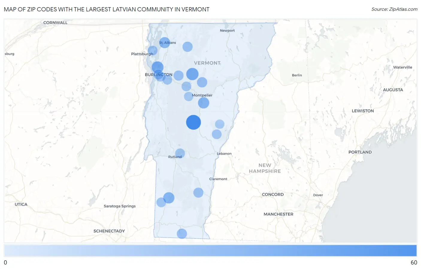 Zip Codes with the Largest Latvian Community in Vermont Map