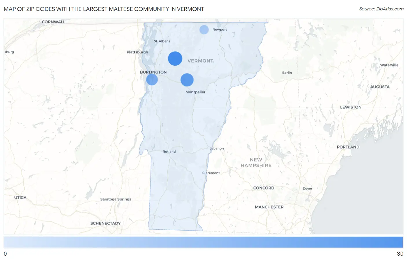 Zip Codes with the Largest Maltese Community in Vermont Map