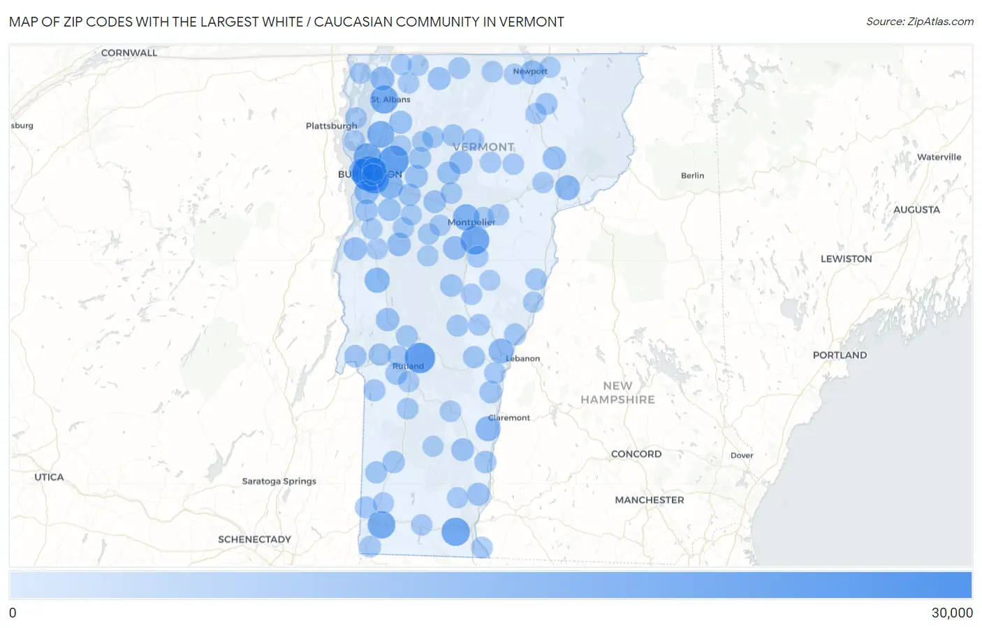 Zip Codes with the Largest White / Caucasian Community in Vermont Map