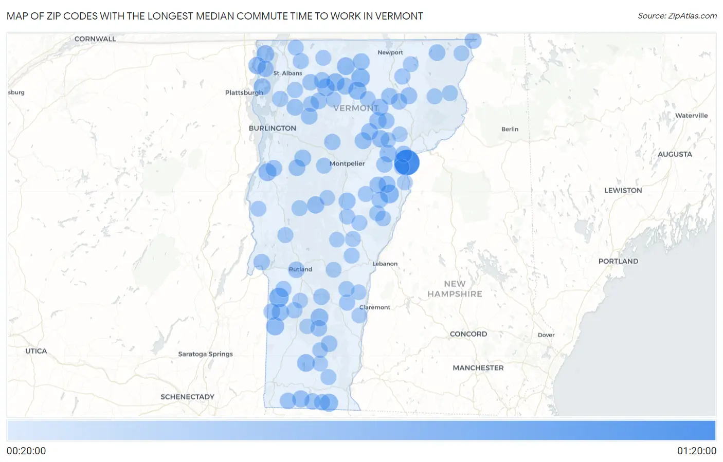 Zip Codes with the Longest Median Commute Time to Work in Vermont Map