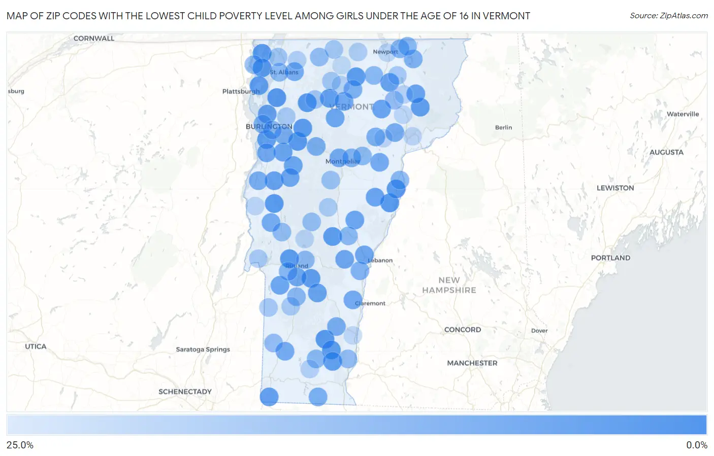 Zip Codes with the Lowest Child Poverty Level Among Girls Under the Age of 16 in Vermont Map