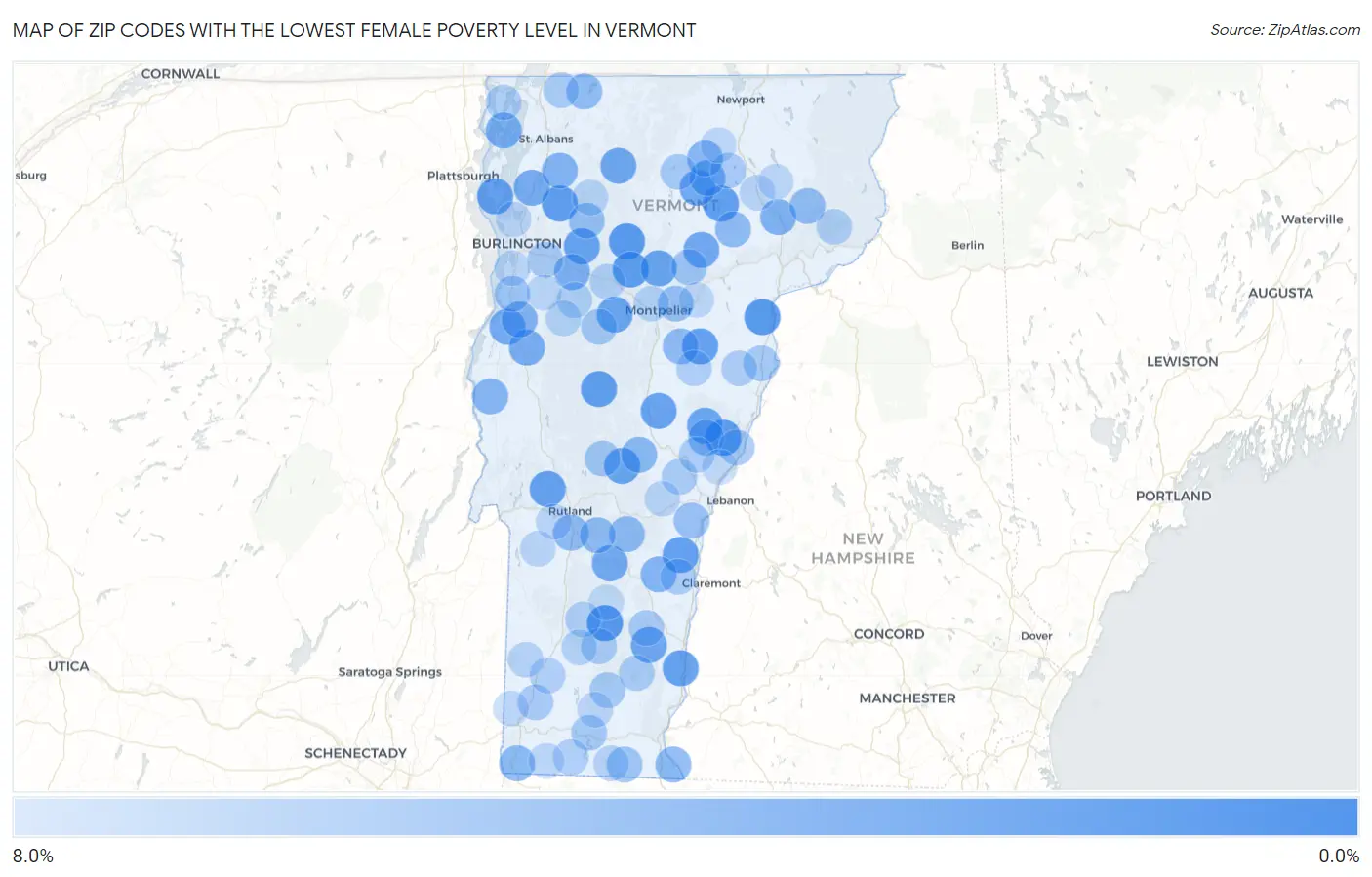 Zip Codes with the Lowest Female Poverty Level in Vermont Map