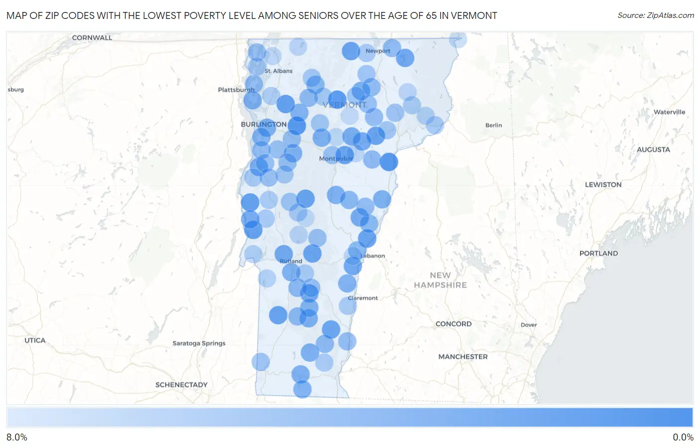 Zip Codes with the Lowest Poverty Level Among Seniors Over the Age of 65 in Vermont Map
