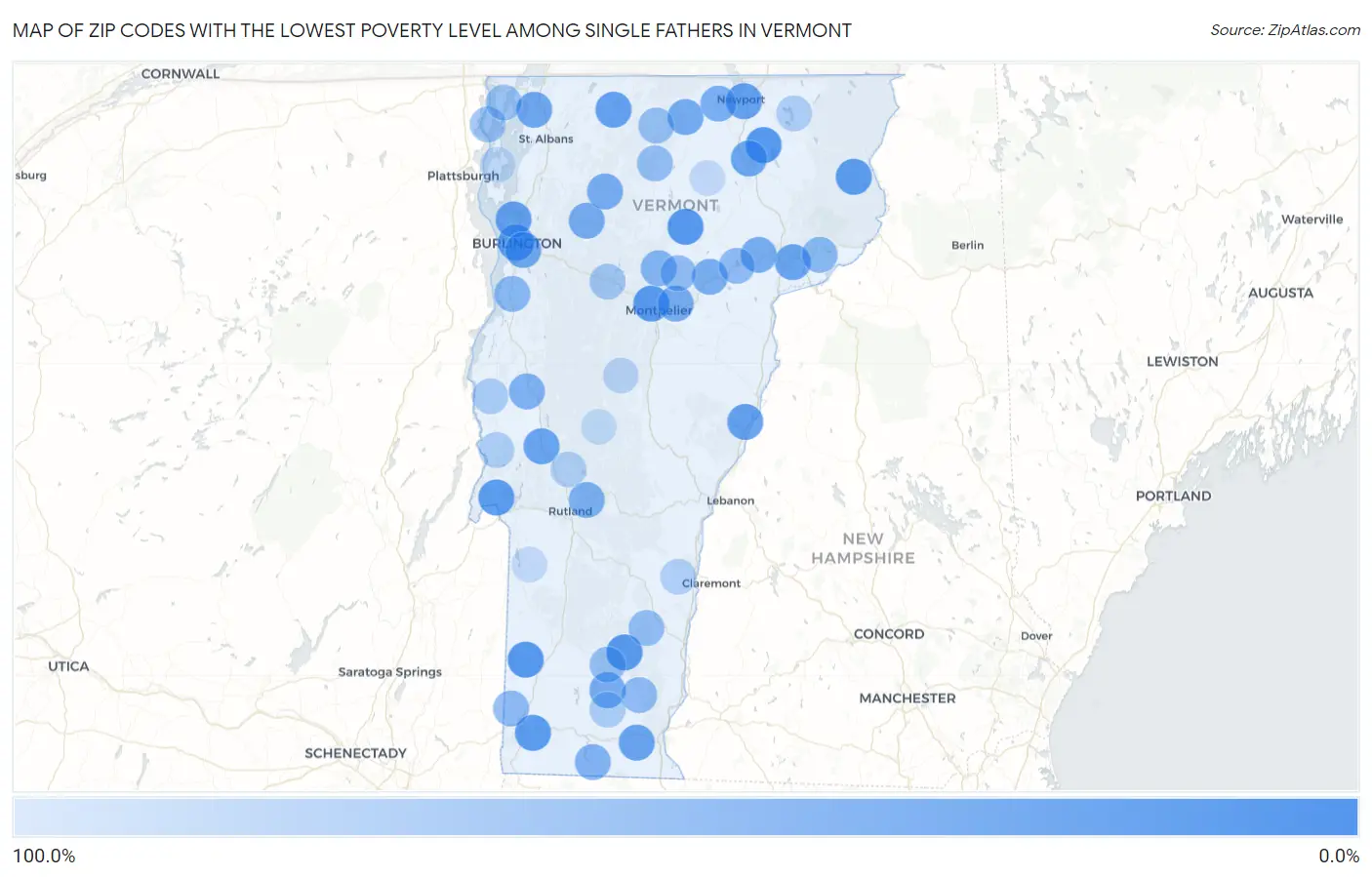 Zip Codes with the Lowest Poverty Level Among Single Fathers in Vermont Map