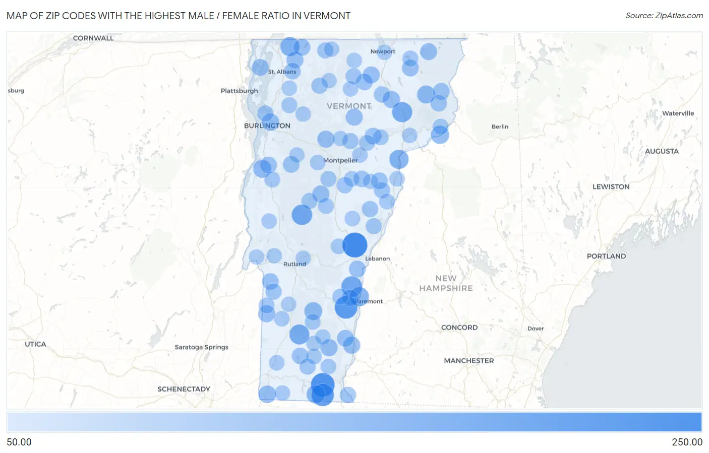 Zip Codes with the Highest Male / Female Ratio in Vermont Map