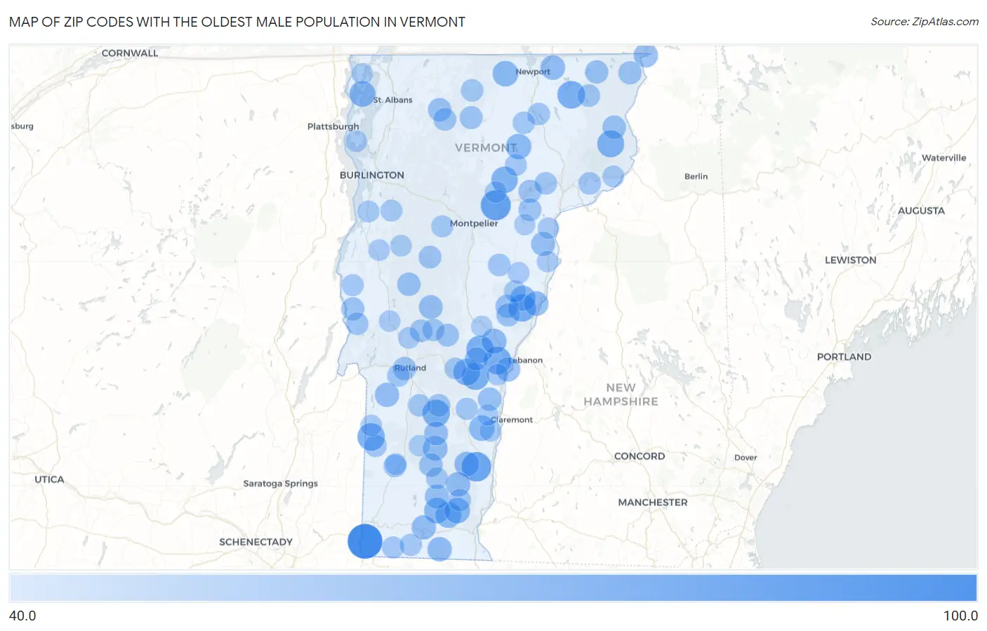 Zip Codes with the Oldest Male Population in Vermont Map