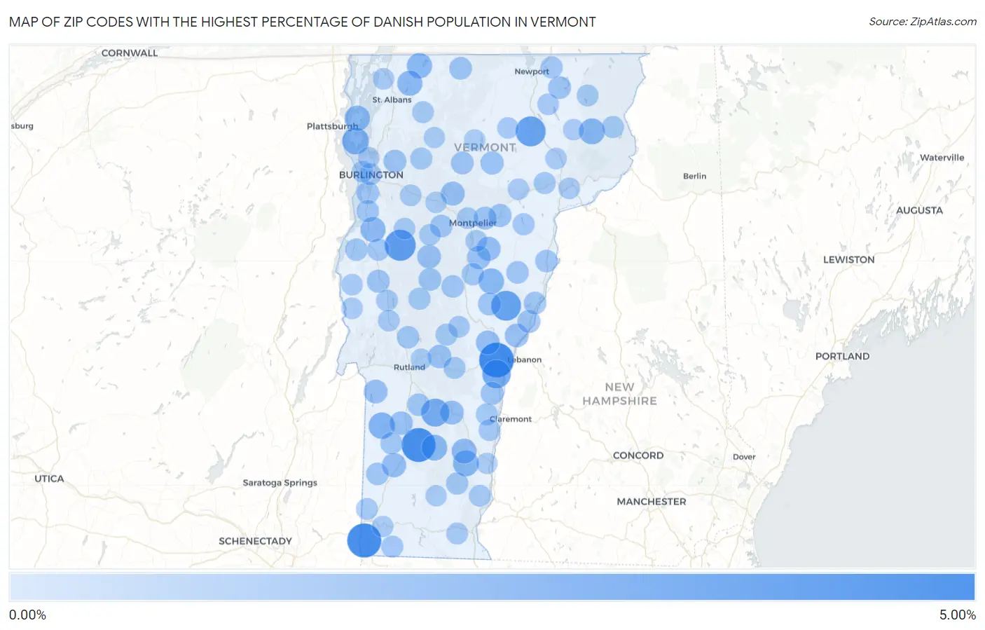 Zip Codes with the Highest Percentage of Danish Population in Vermont Map