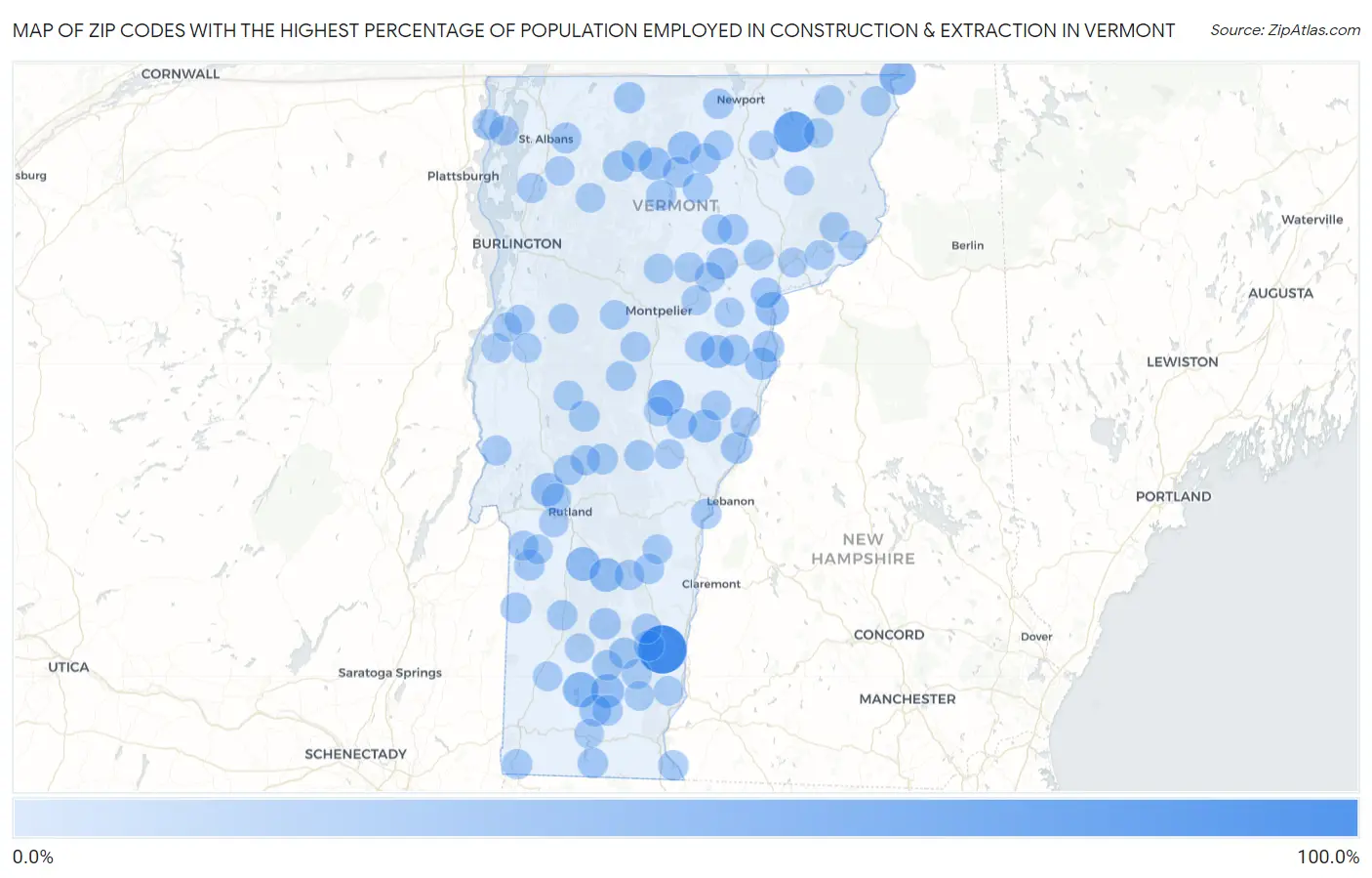 Zip Codes with the Highest Percentage of Population Employed in Construction & Extraction in Vermont Map