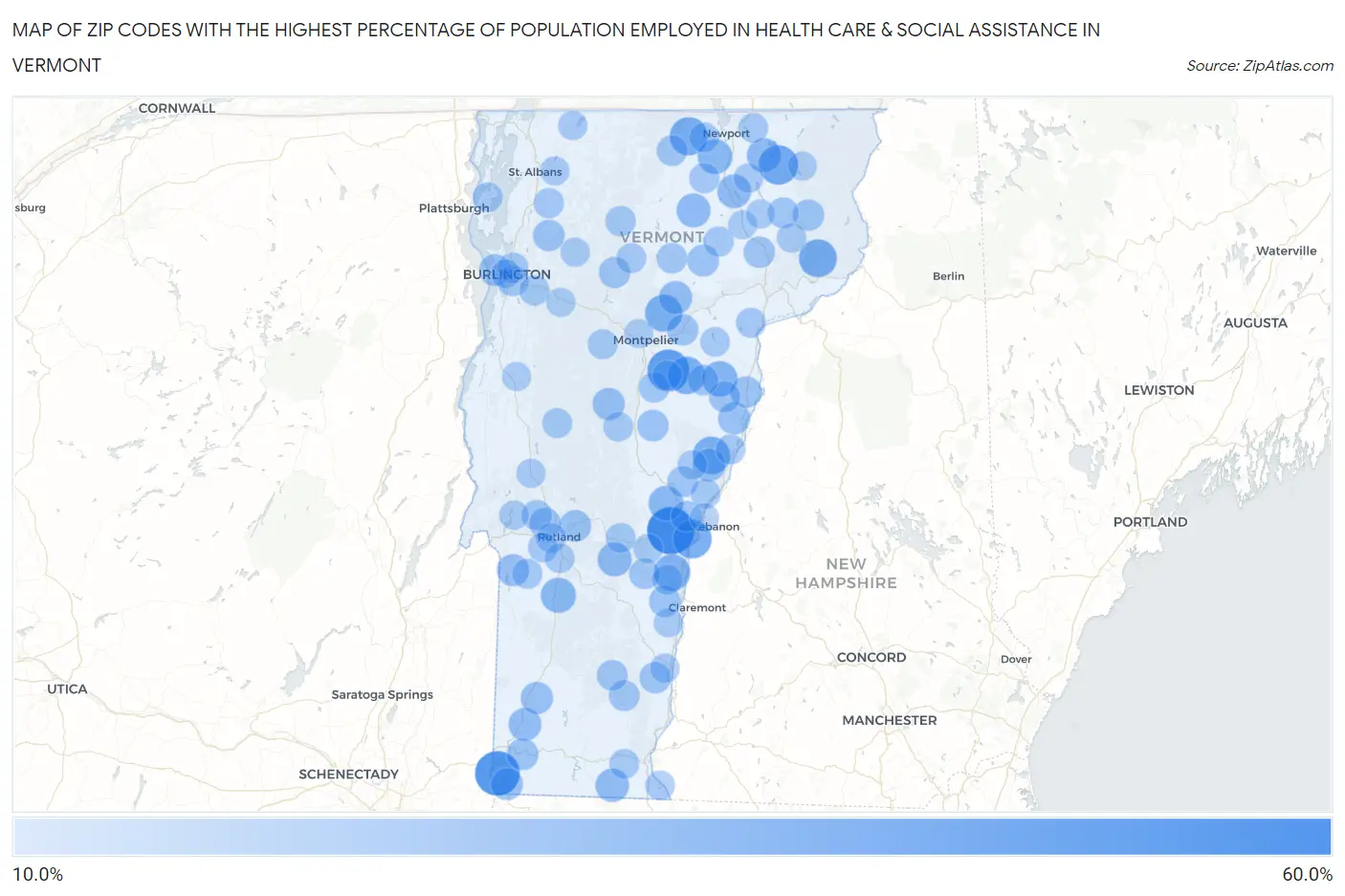 Zip Codes with the Highest Percentage of Population Employed in Health Care & Social Assistance in Vermont Map