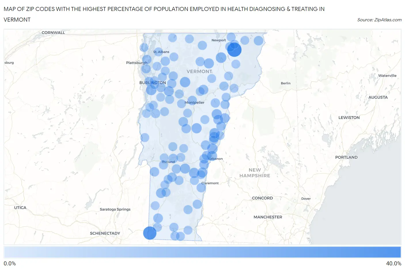 Zip Codes with the Highest Percentage of Population Employed in Health Diagnosing & Treating in Vermont Map